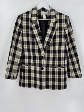 Laura Gayle Vintage Blazer Womens 10P Suit Jacket Black Ivory Knit Plaid